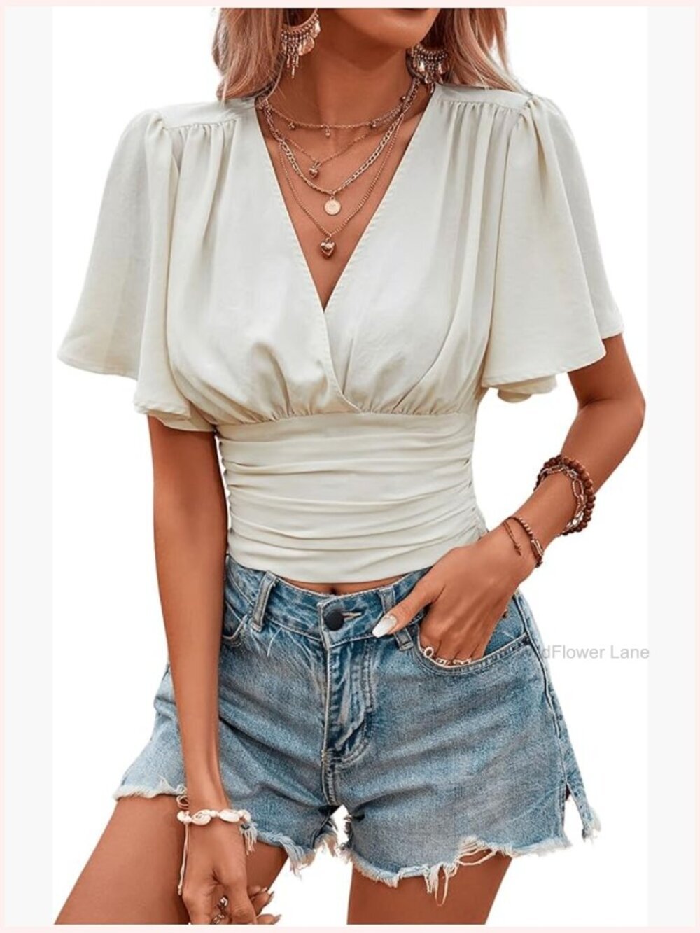 Women's Wrap V Neck Crop Top Short Sleeve Shirred Ruched Summer Blouse